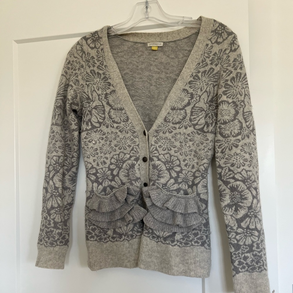 Anthropologie Leifsdottir Cashmere Blend Gray Floral Cardigan with Ruffle Detail